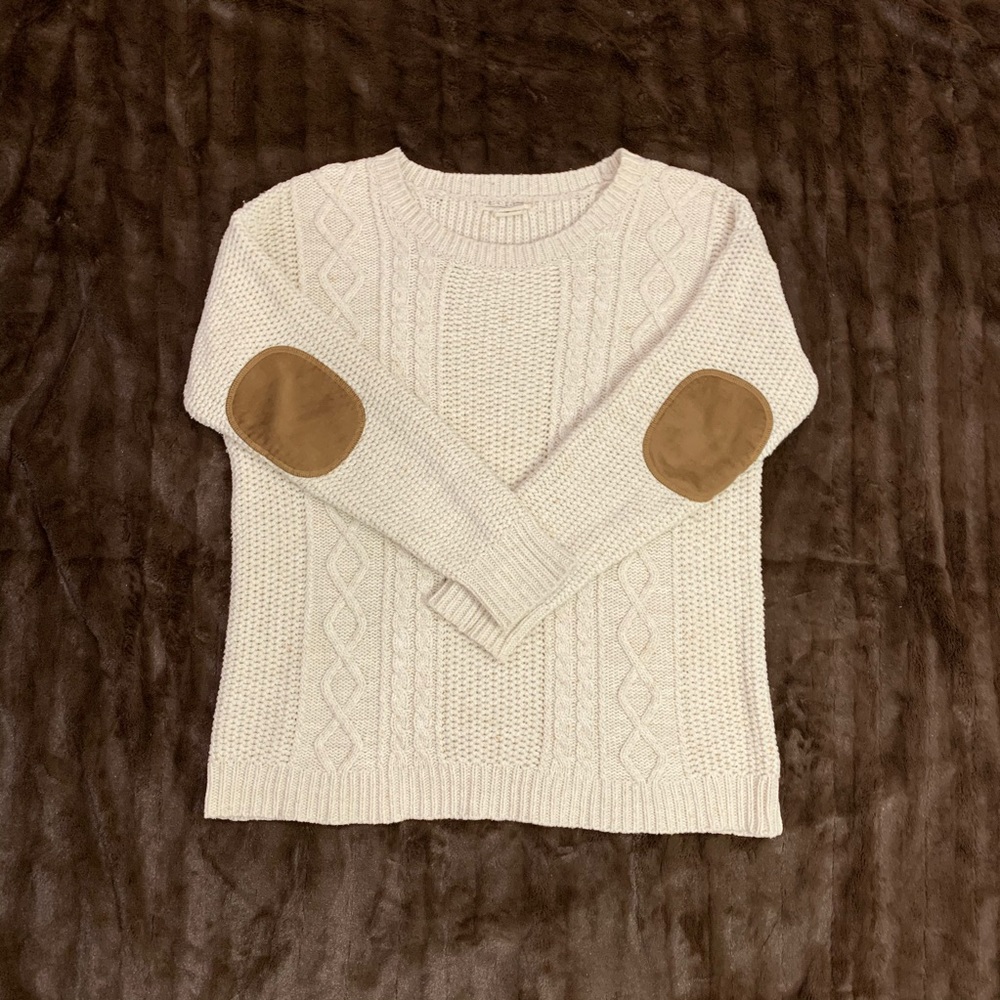 Cable Knit Sweater with Velvet Elbow Patches